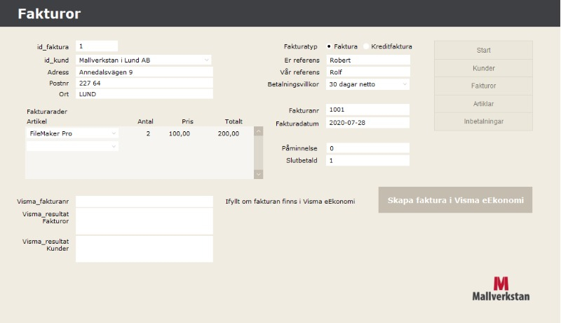 Exempel på vyn under Faktura i FileMaker Pro.