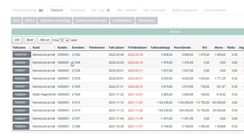 Fakturasidan i Flexibla Kontorets affärssystem.