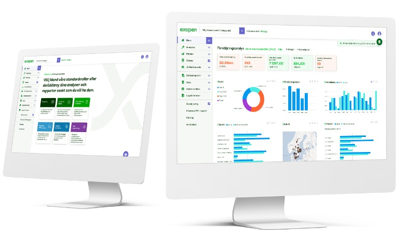 Två bildskärmar som visar analyser i Exopens.