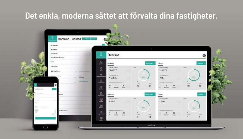 En laptop, en mobil och en surfplatta som alla visar översikten på DinHyresvärd.