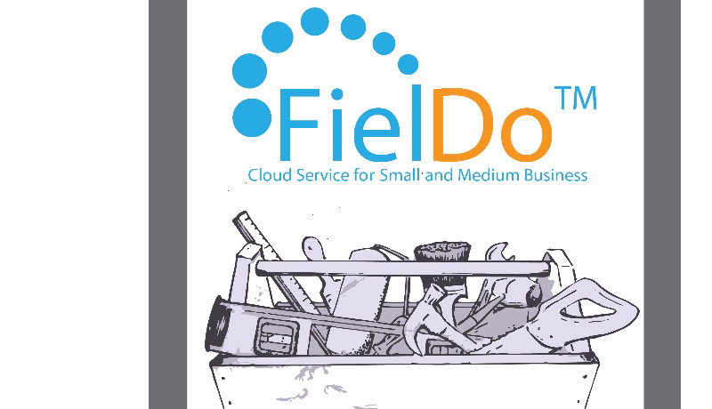 En verktygslåda och FielDos logotyp.