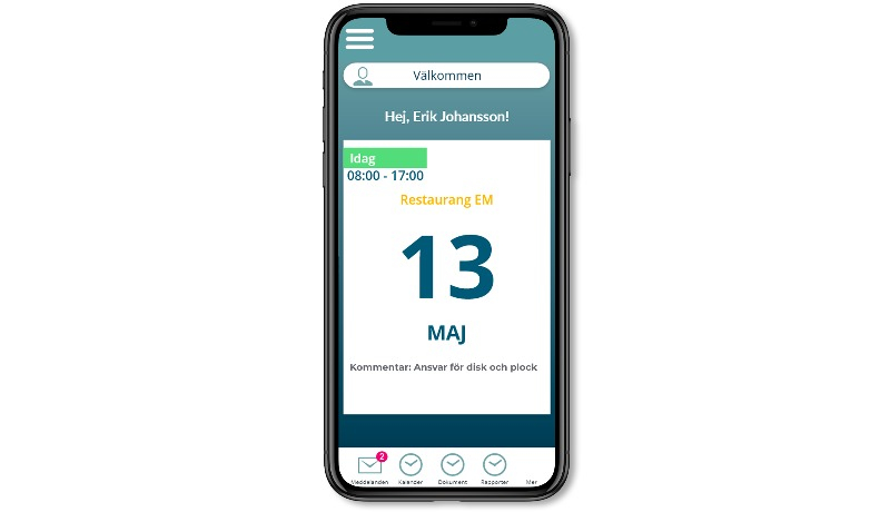 Mobil som visar en välkomstsida inne i appen