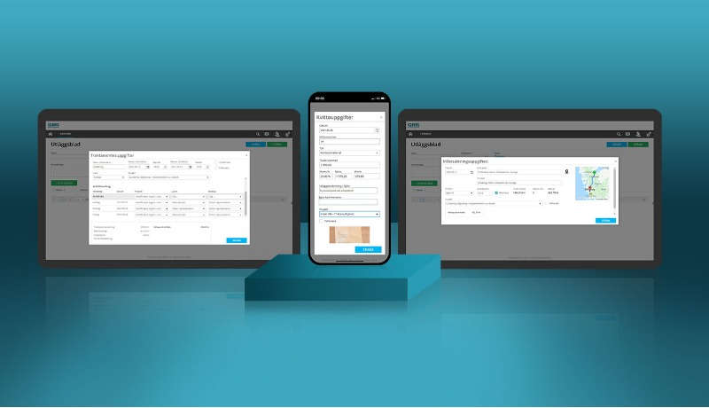 Datorer och mobil som visar Qbis Business System.