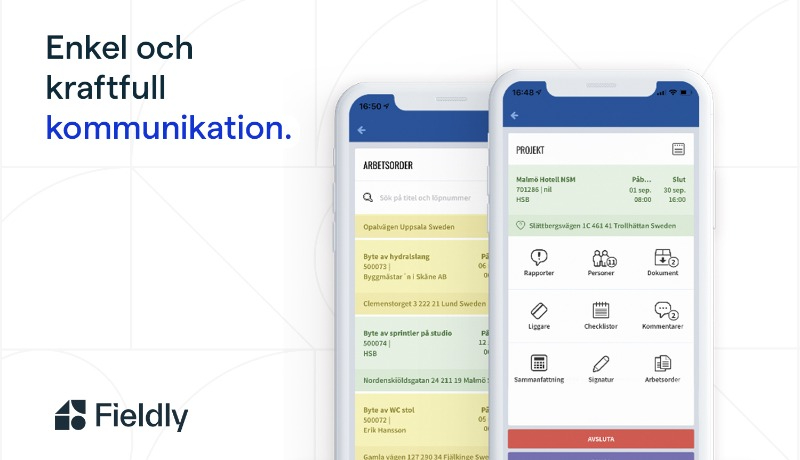 Två mobiler som visar vyerna arbetsorder och projekt i Fieldlys projekthanteringssystem.