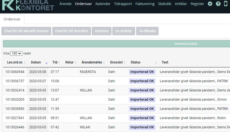 Ordersvarssidan i Flexibla Kontorets affärssystem.