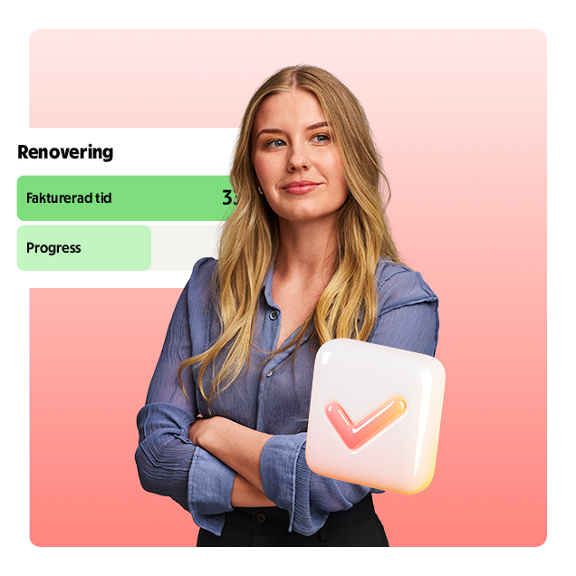 En kvinna med armarna i kors och information om väx med din bokföring och fakturering. 