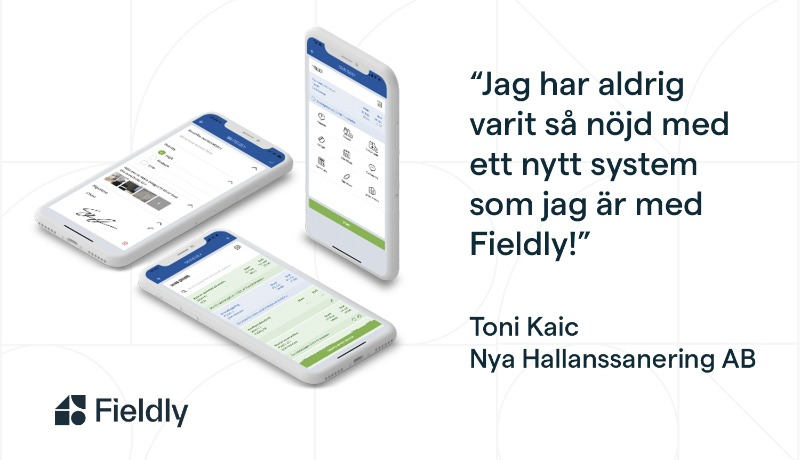 Flera mobiler som visar olika vyer från Fieldlys projekthanteringssystem.