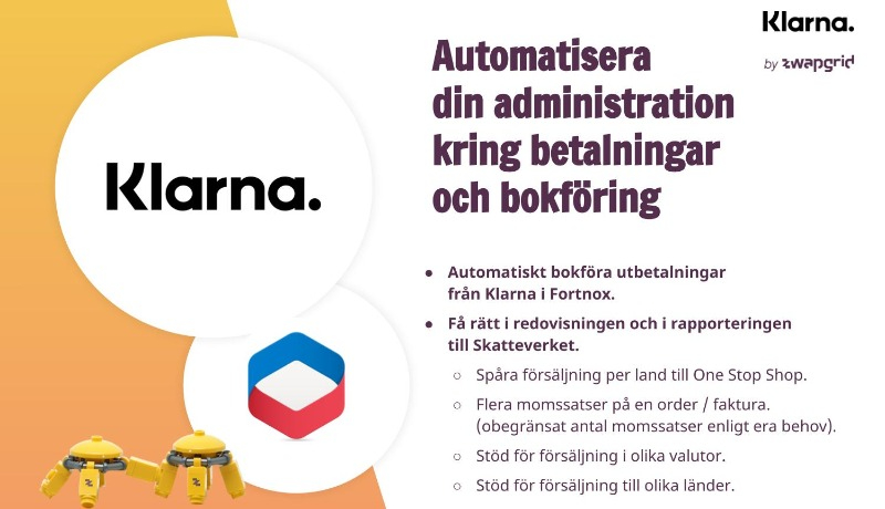 Illustration med Klarna, Visma eEkonomi med budskap Automatisera betalningar och bokföring.