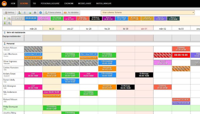 Närbild på ett schema från programmet för bokning av resurser