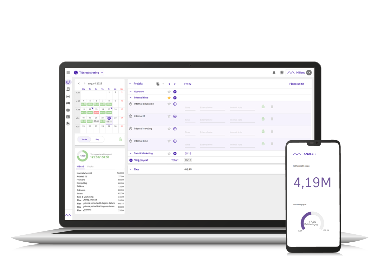 Gränssnittet av programmet från en mobiltelefon och dator.