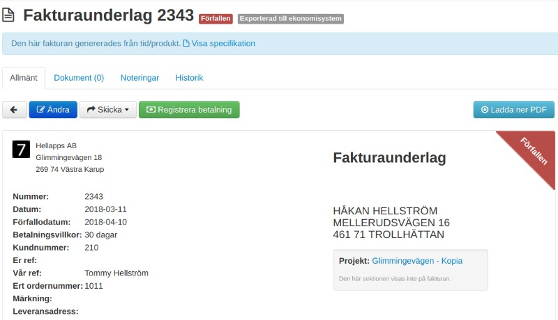 Illustration som visar fakturaunderlag i Seven Time.