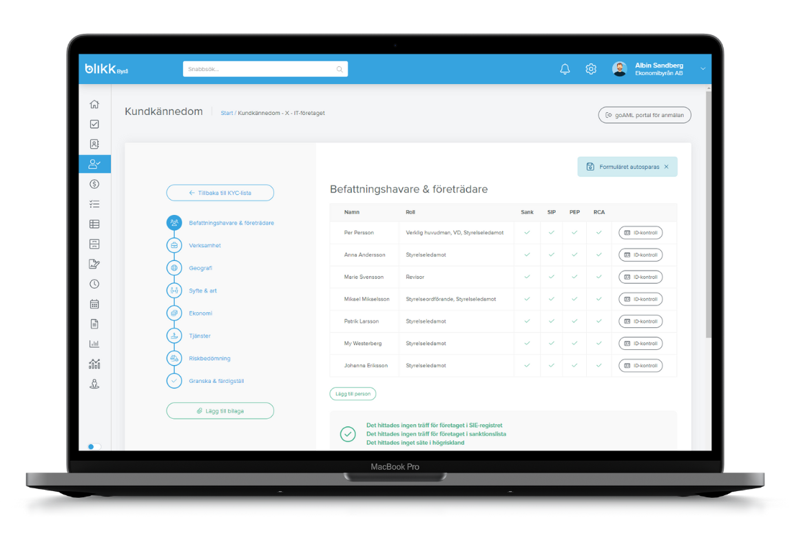 Funktion för kundkännedom i ett program på en laptop