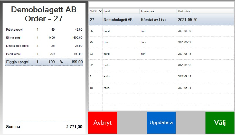 Hur det ser ut i programmet när man ska kolla på en order.