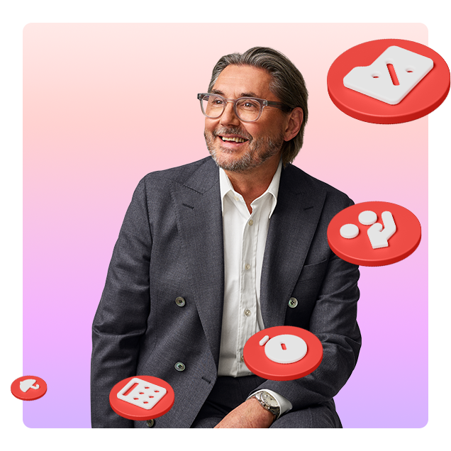 Glad kvinna med ikoner cirkulerande runt sig. 