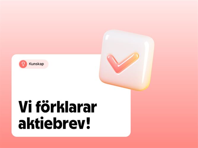 Ett rosa bord med ett kuvert som innehåller aktiebrev.