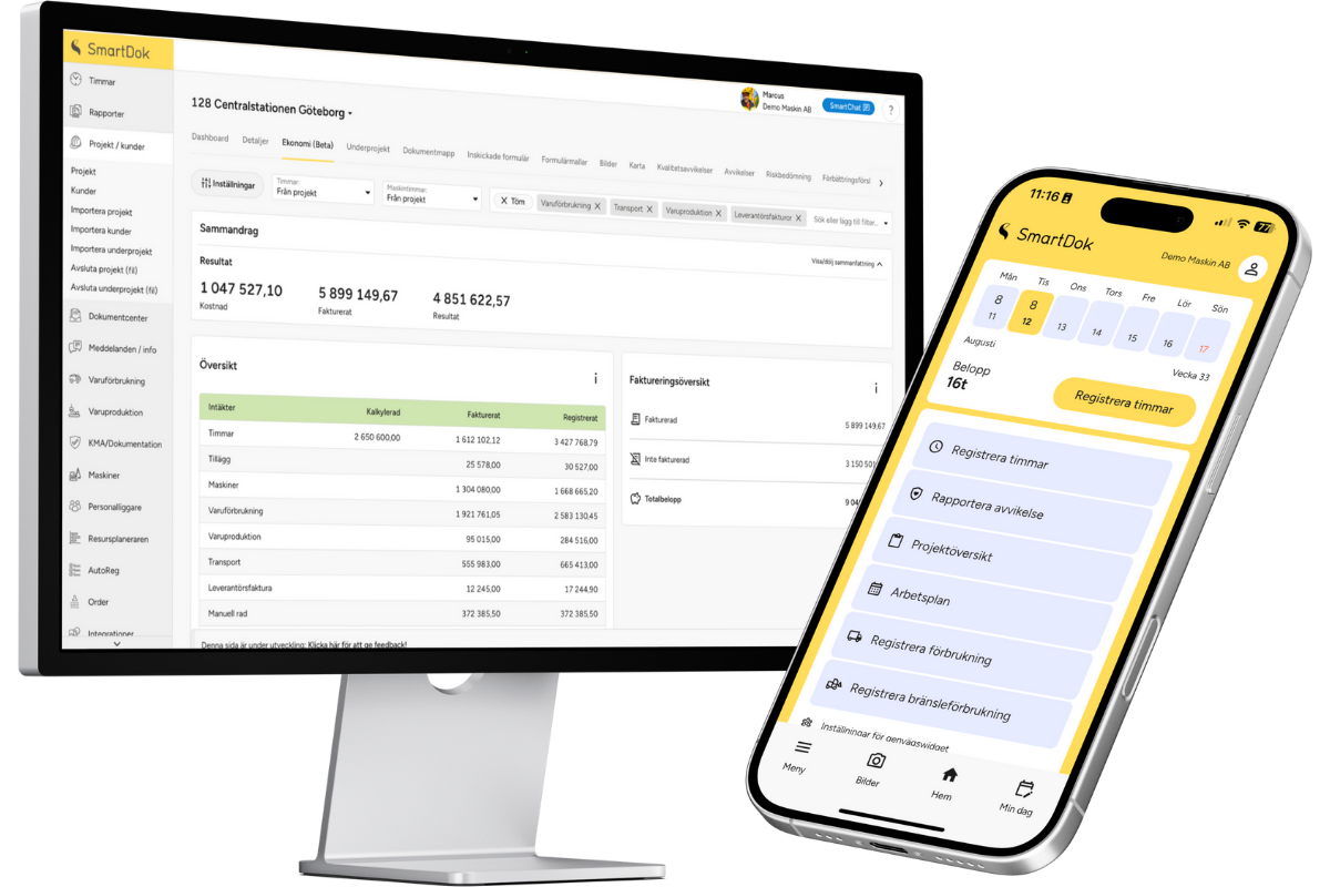 En grävmaskin och en mobiltelefon som visar gränssnittet i SmartDok.