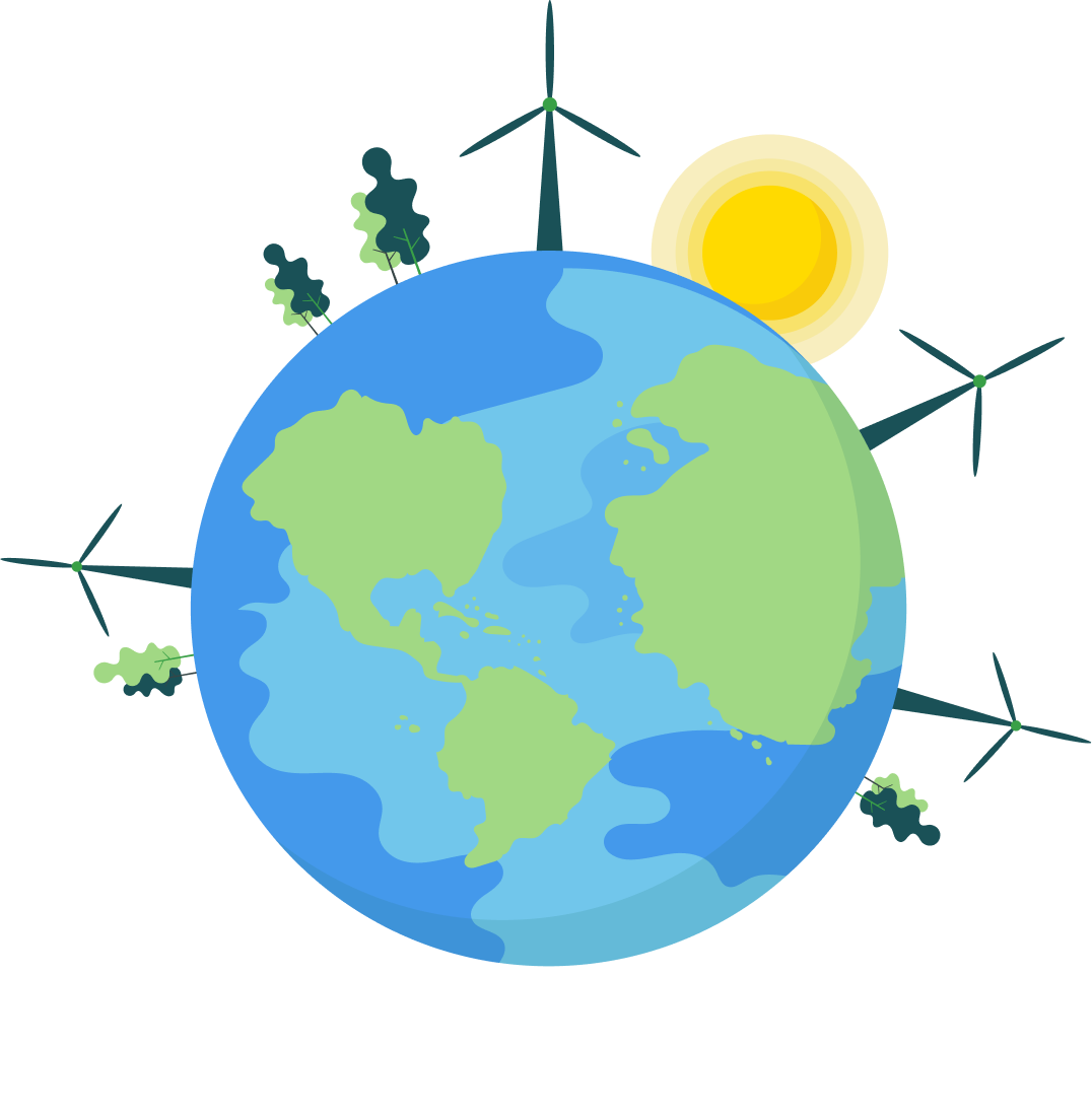 En jordglob med träd och vindkraftverk som ger en känsla av Go Climate.