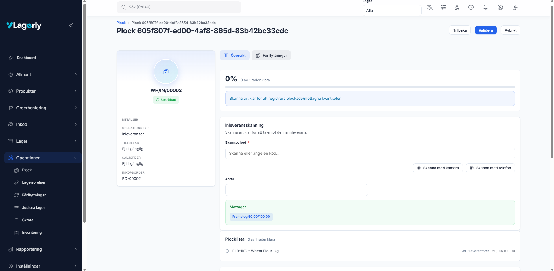 Screenshot på lagerlys lösning.