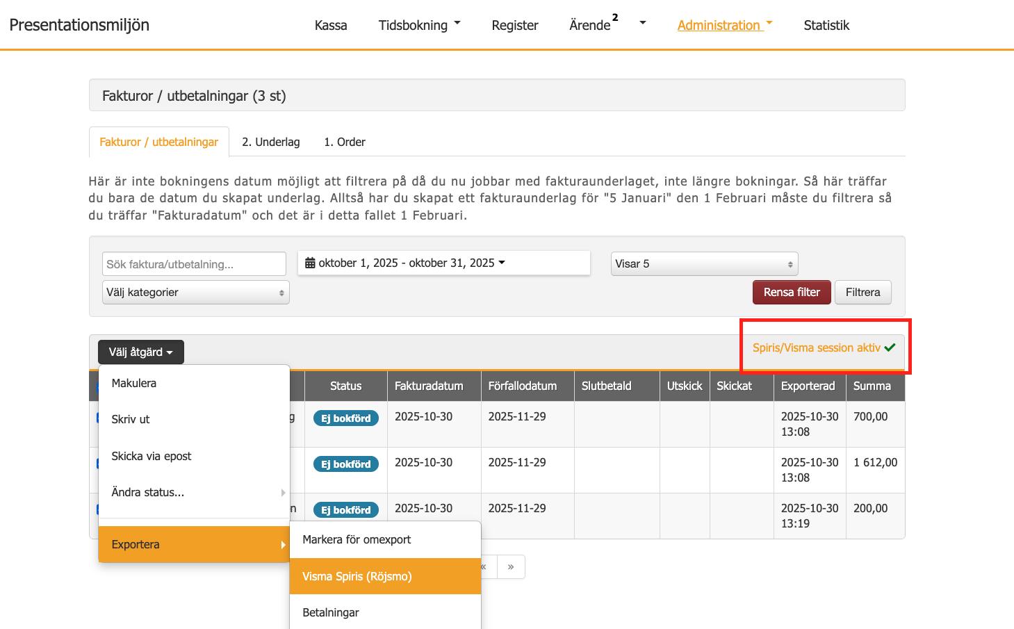 Skärmbild på e-srv produkt.