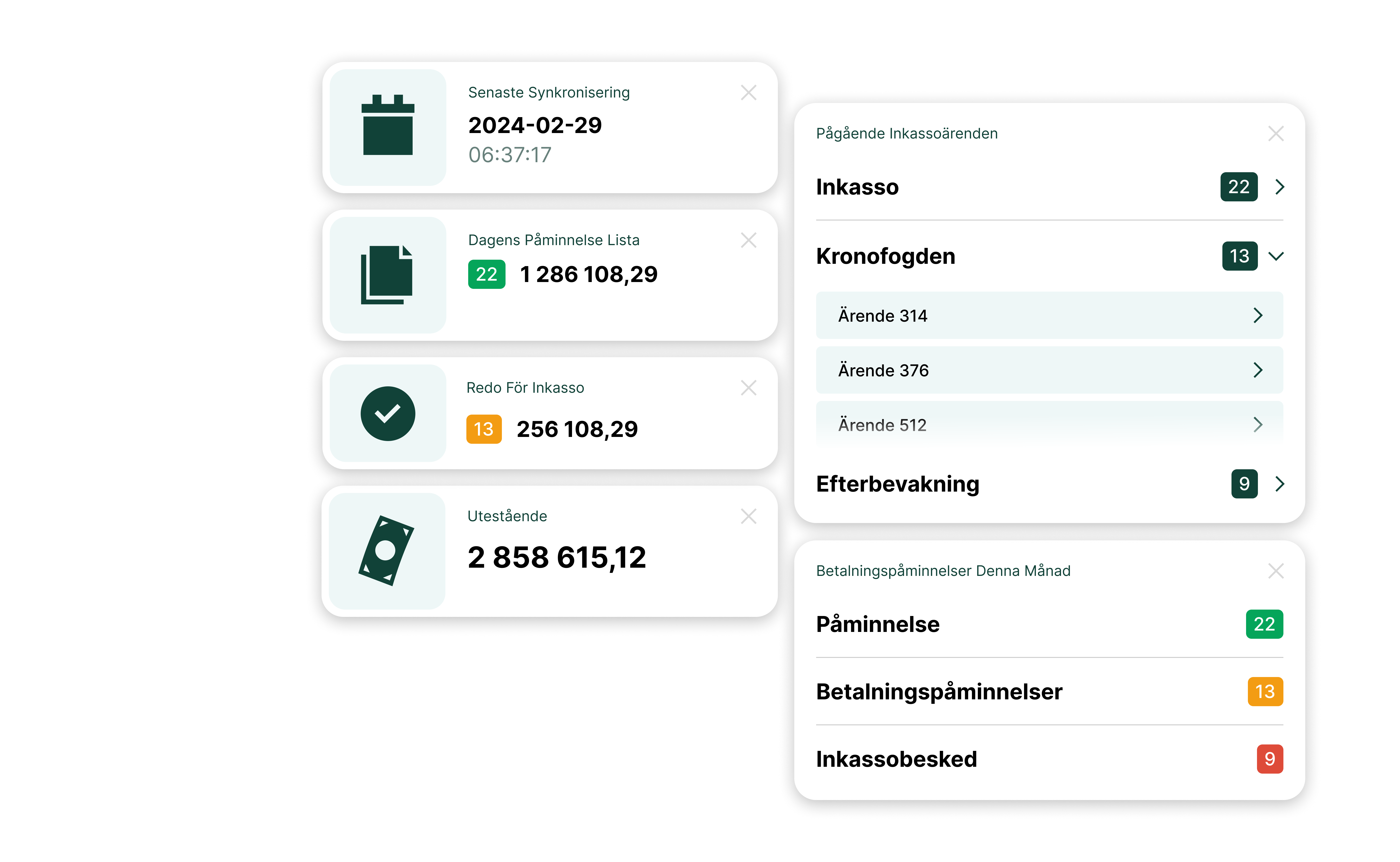 Vyn inne i påminnelselistan i Equity - Payment Reminder Solutions.