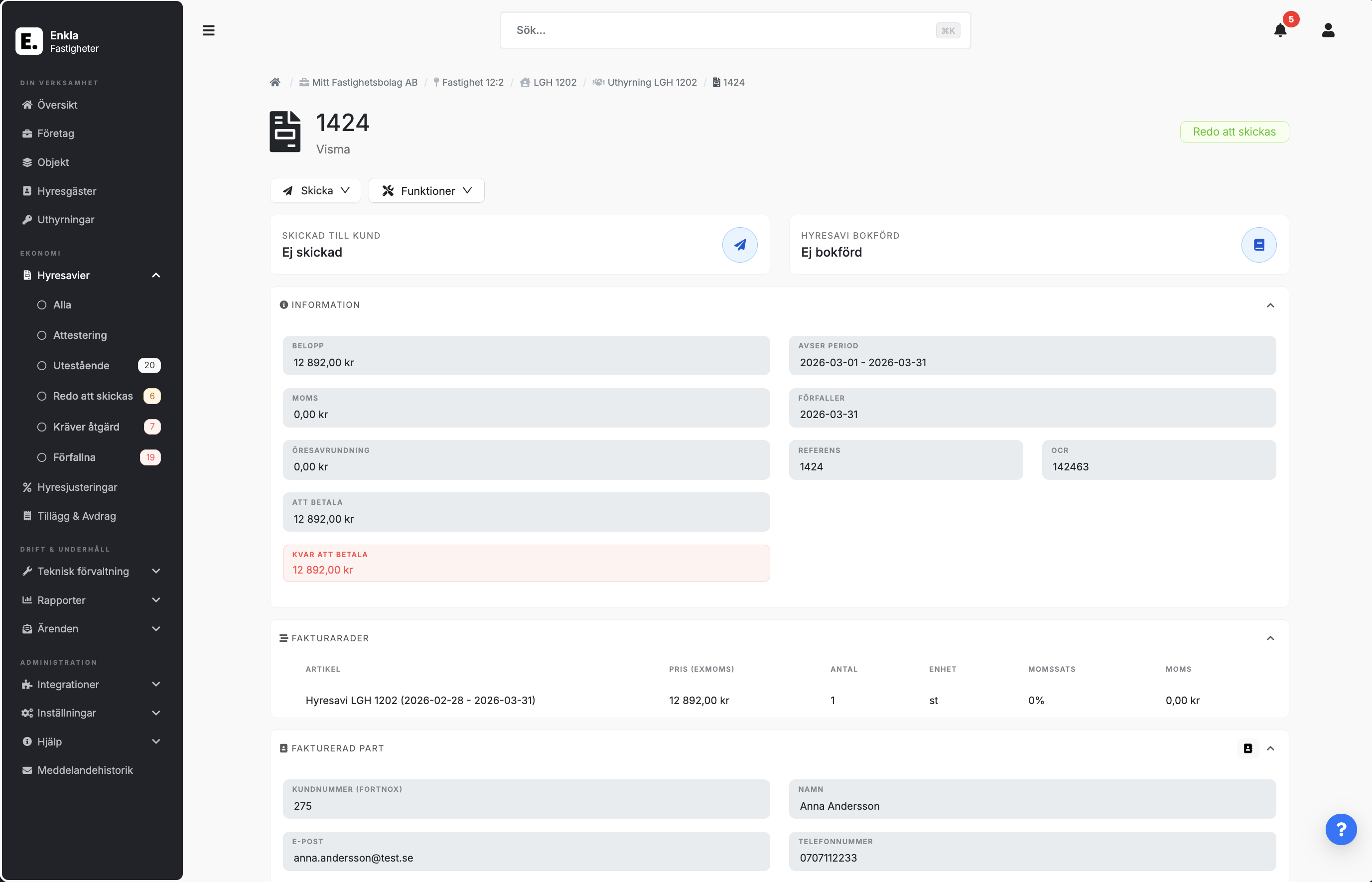 Vy över en hyresavi i Enkla Fastigheter.