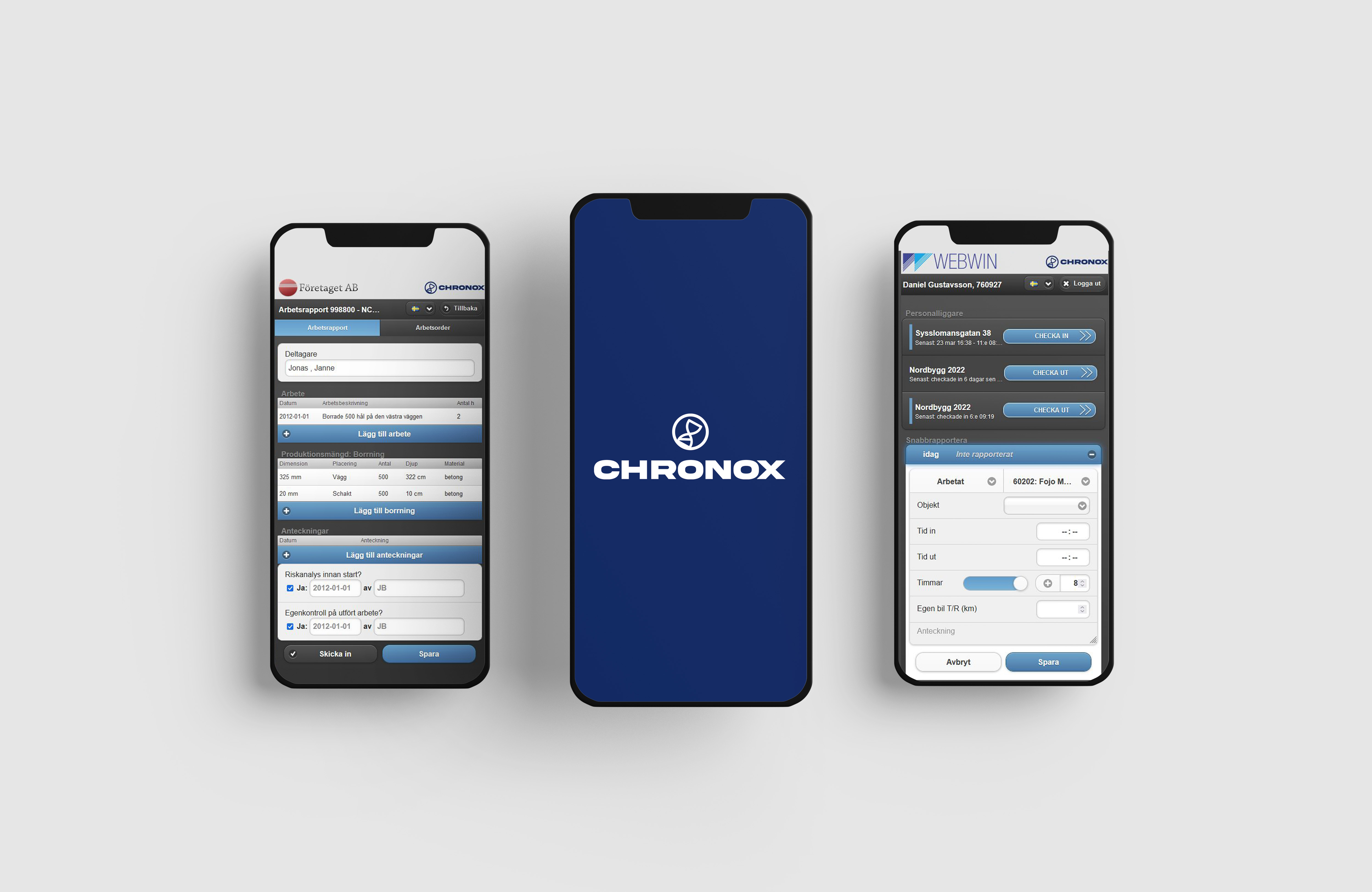 Mobiler som visar tidrapportering i Chronox.