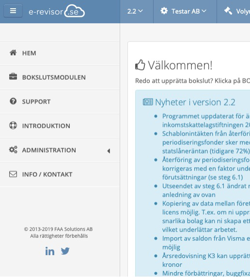 Välkomstmenyn i E-revisor.