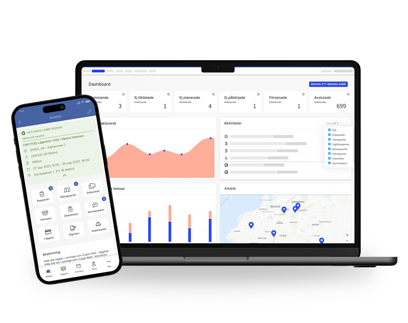 En mobil och en laptop som visar startsidan i Fieldlys projekthanteringssystem.