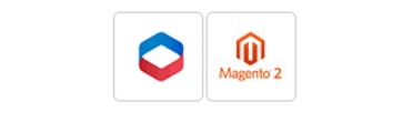 En röd och blå symbol och logotype för Magento 2