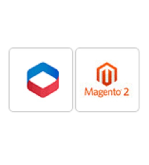 En röd och blå symbol och logotype för Magento 2