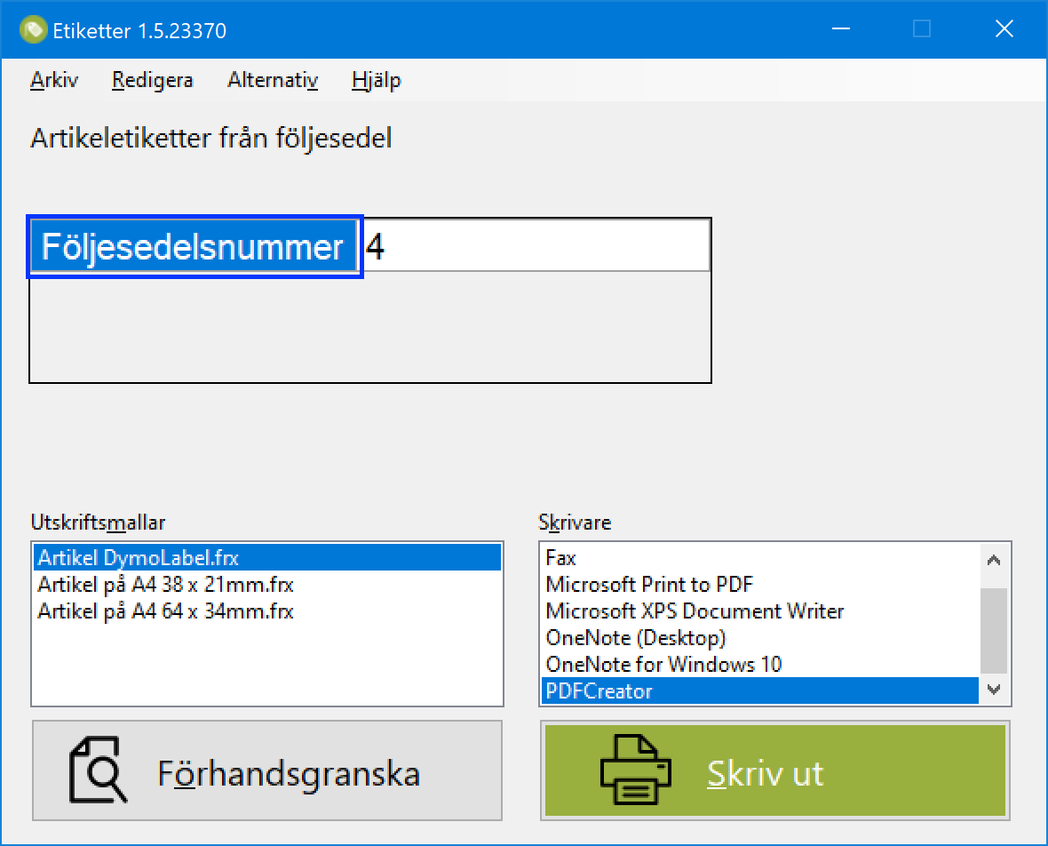 Skärmdump på gränssnitt i MAWINGU Etiketter