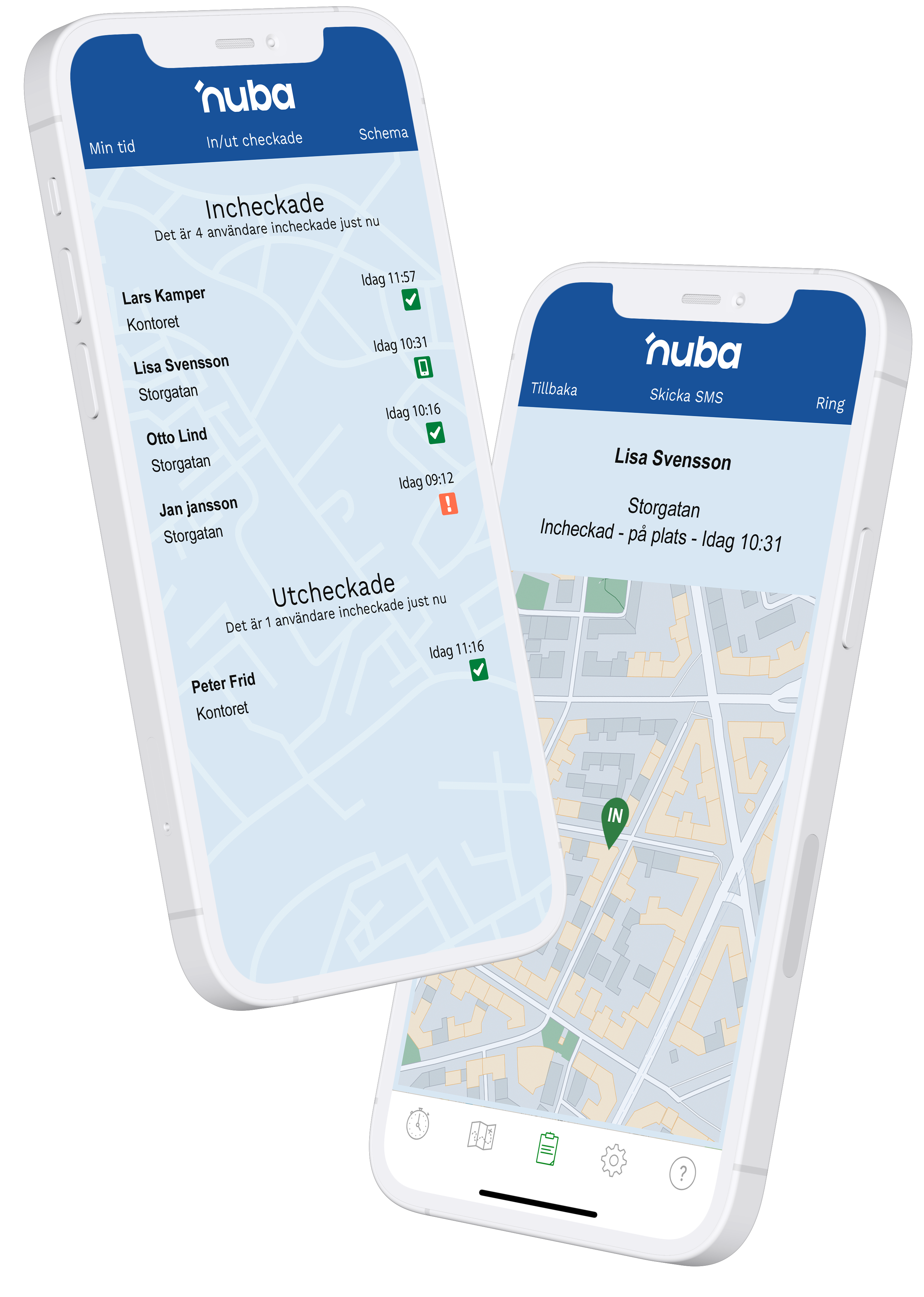 Två telefoner som visar programmet.