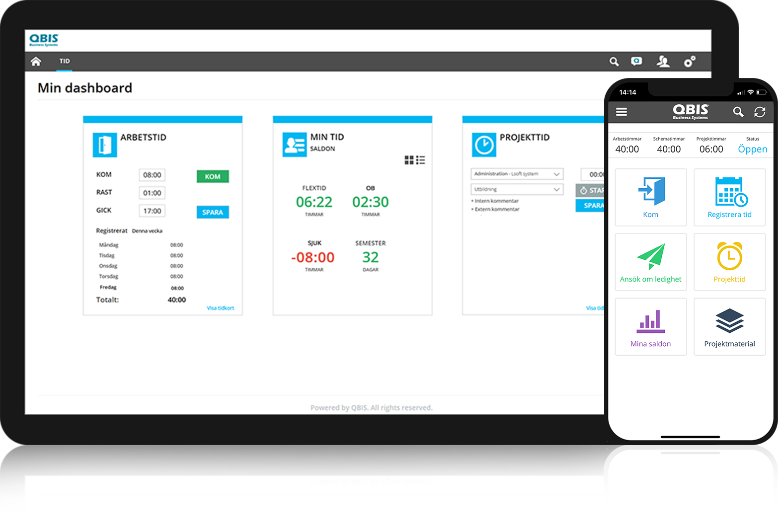 Dator och mobil som visar Qbis Business Systems.