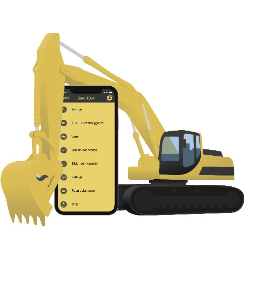 En grävmaskin och en mobiltelefon som visar gränssnittet i SmartDok.